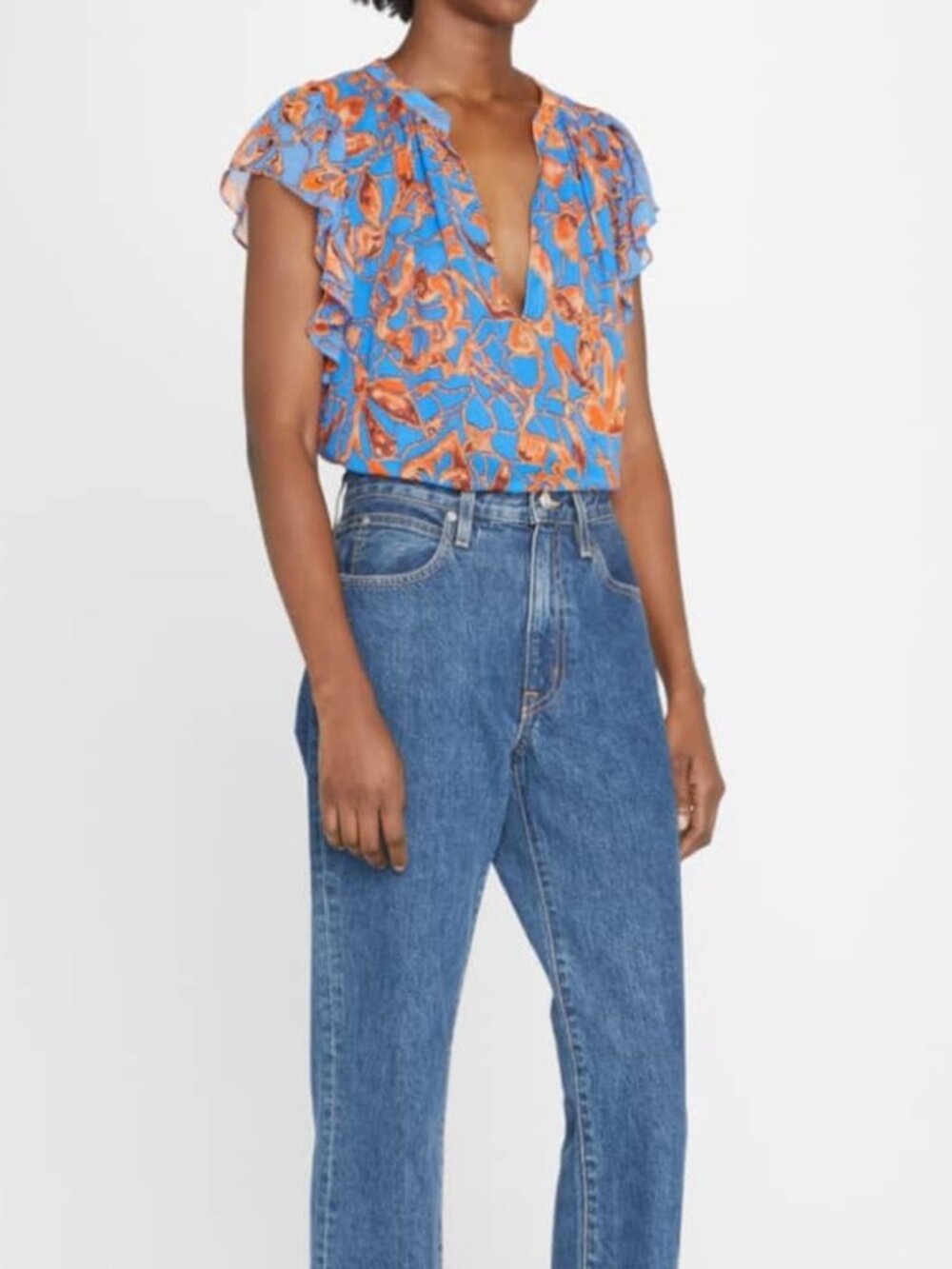 A.L.C. Floral Print Deep V-Neck (June Ruffle Sleeve Silk Top) Sz 2